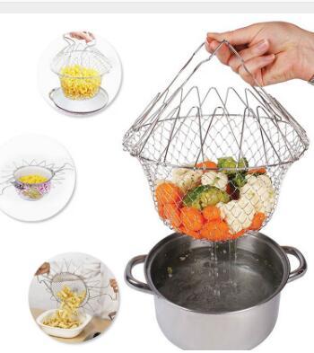 Deep Fry Basket Stainless Steel Multi-function Foldable Chef Cooking Basket Flexible Kitchen Tool for Fried Food Washing Fruits Vegetables