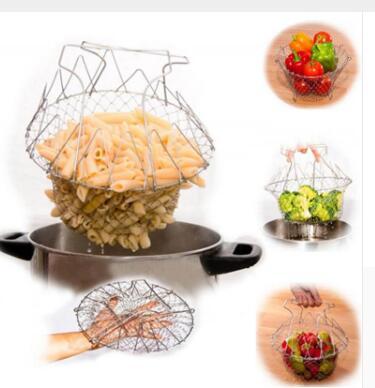 Deep Fry Basket Stainless Steel Multi-function Foldable Chef Cooking Basket Flexible Kitchen Tool for Fried Food Washing Fruits Vegetables